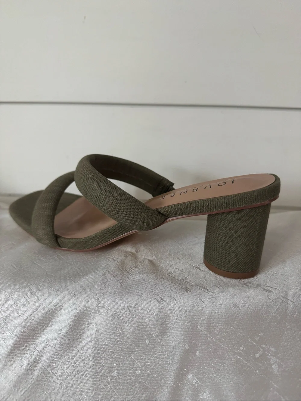 Journee Collection Olive Green Linen Puff Double-Strap Round Block Heel
